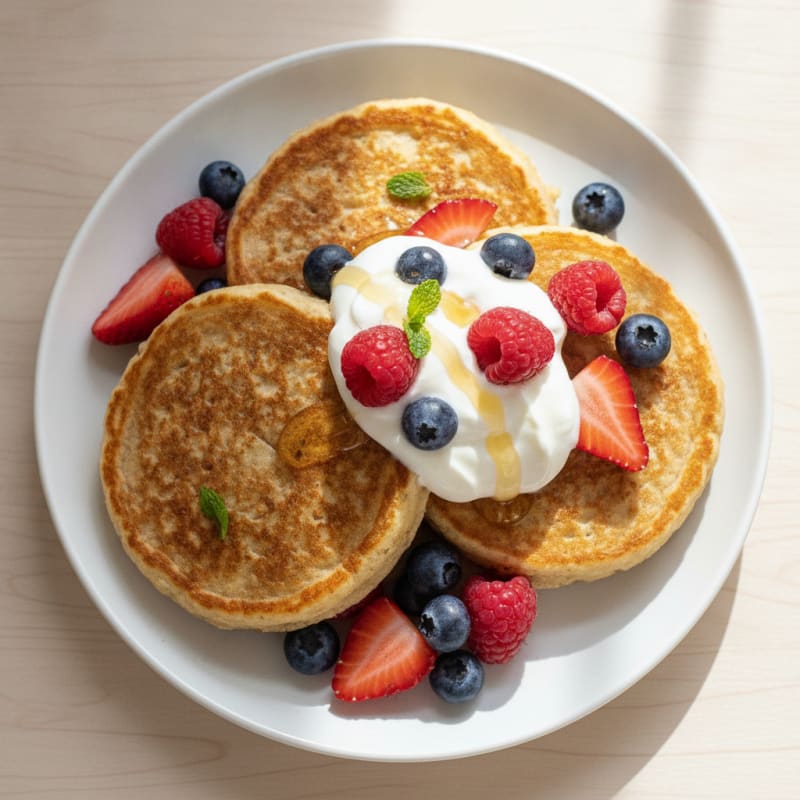 Fluffy Cottage Cheese Pancakes with Greek Yogurt and Berries