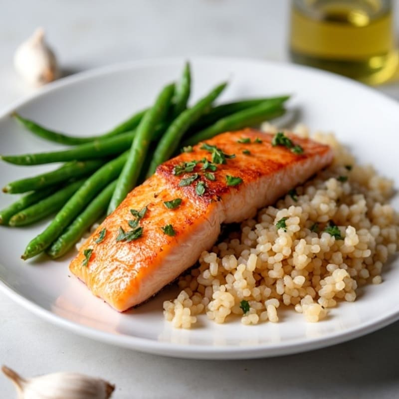 Seared Salmon with Garlic Green Beans and Brown Rice