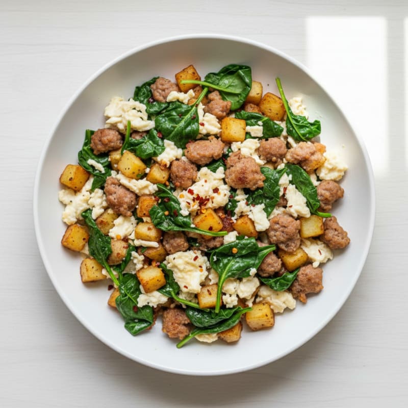 Crispy Egg White and Turkey Sausage Scramble with Spinach