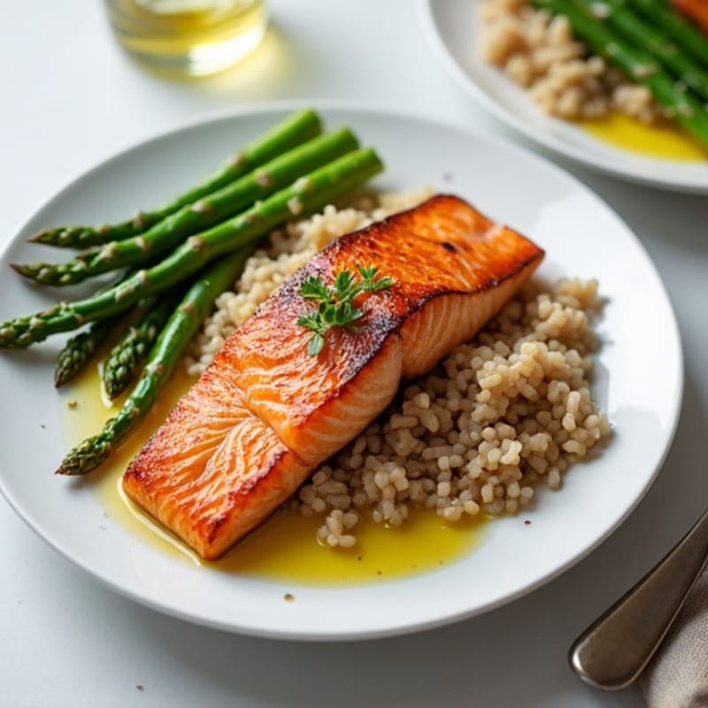 Seared Salmon with Steamed Asparagus and Brown Rice