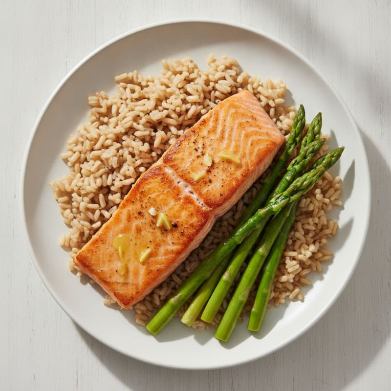 Seared Salmon Fillet with Steamed Asparagus and Brown Rice