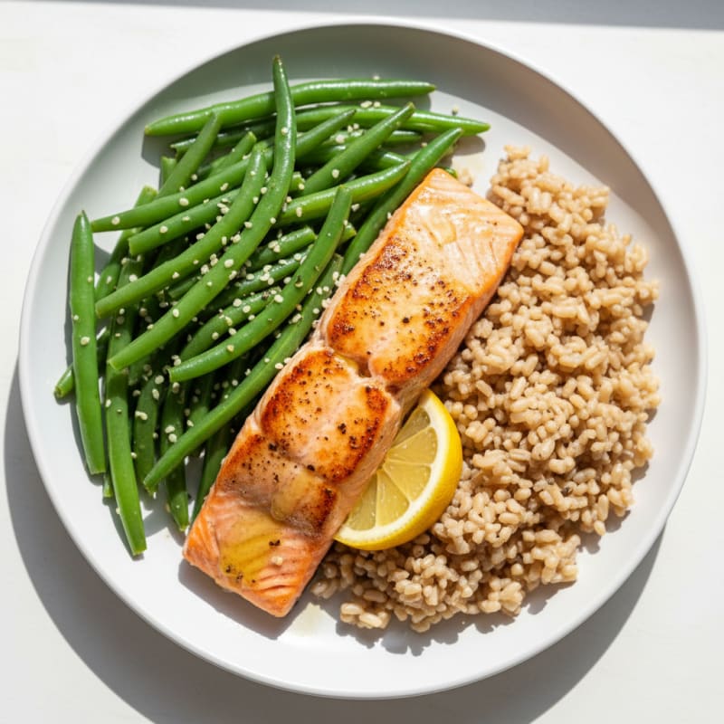 Seared Salmon with Steamed Green Beans and Brown Rice