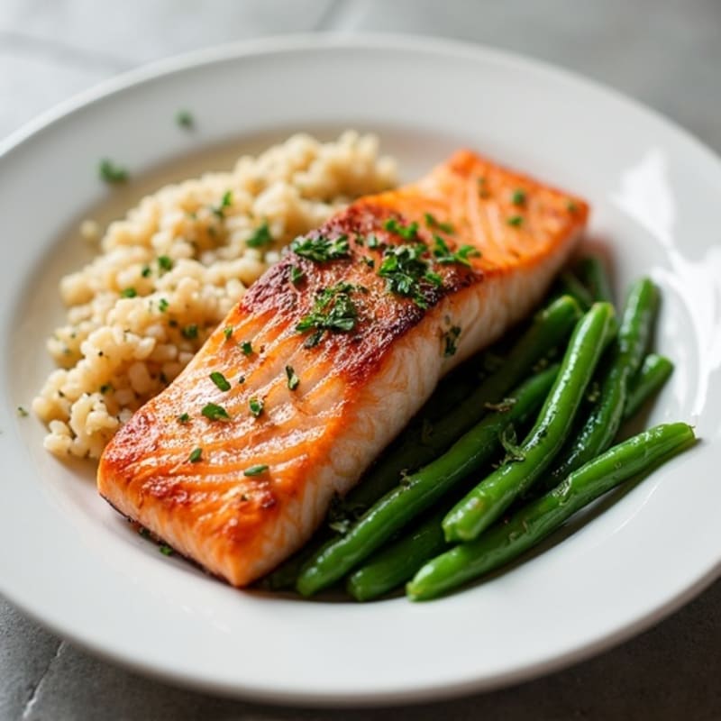 Seared Salmon with Garlic Green Beans and Brown Rice