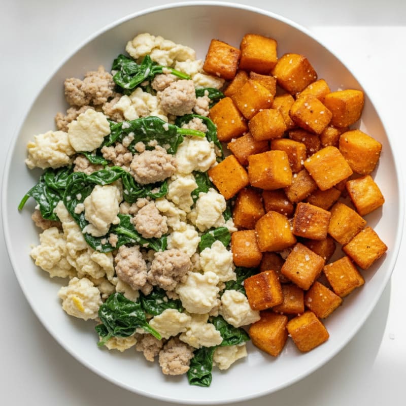 Egg White Scramble with Lean Turkey, Spinach and Roasted Sweet Potato
