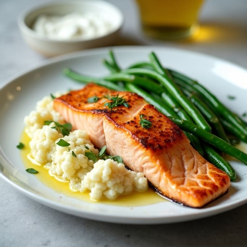 Seared Salmon with Steamed Green Beans and Garlic Mashed Cauliflower