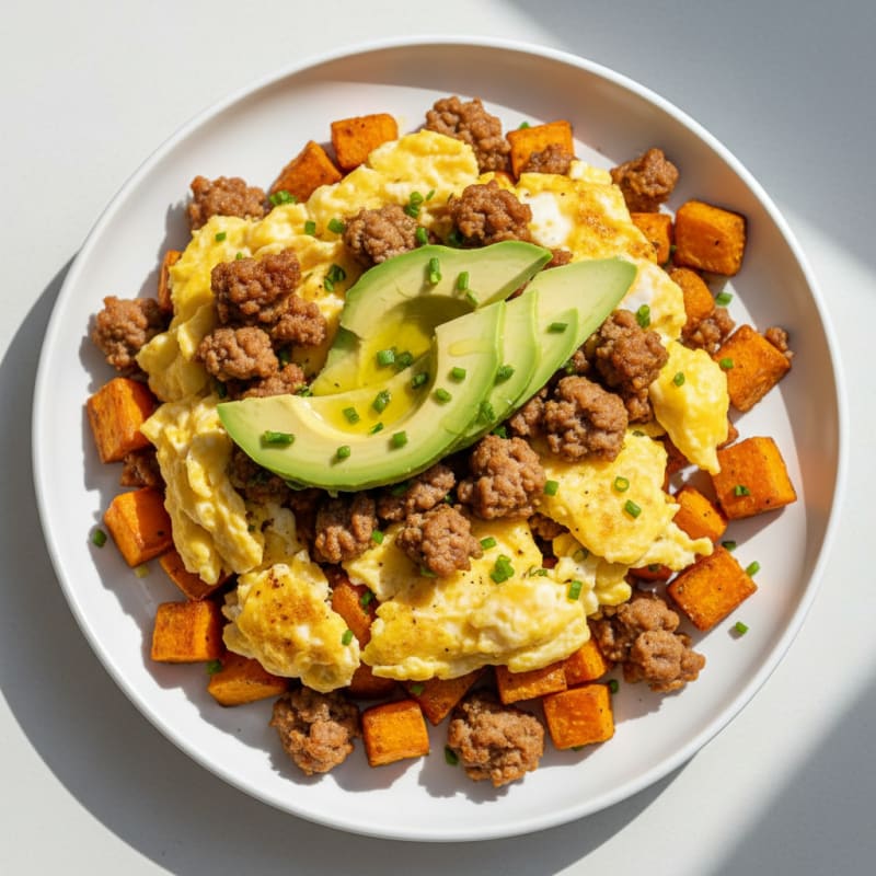 Scrambled Eggs with Turkey Sausage and Roasted Sweet Potatoes