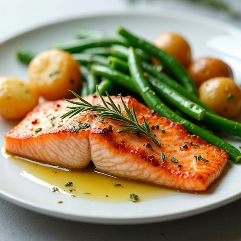 Herb-Roasted Salmon with Crispy Baby Potatoes and Garlic Green Beans