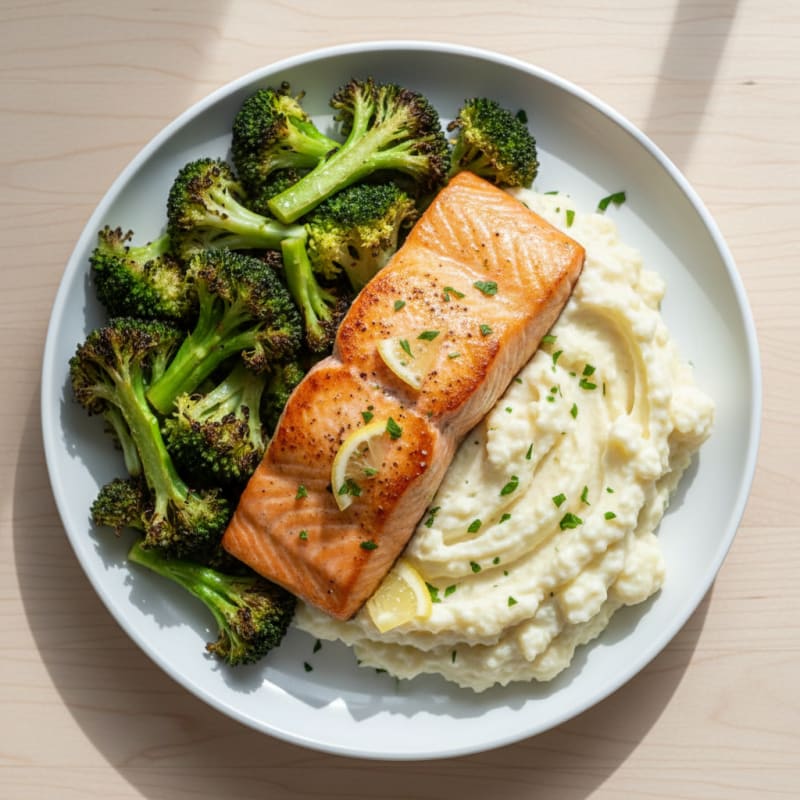 Seared Salmon with Roasted Broccoli and Garlic Mashed Cauliflower