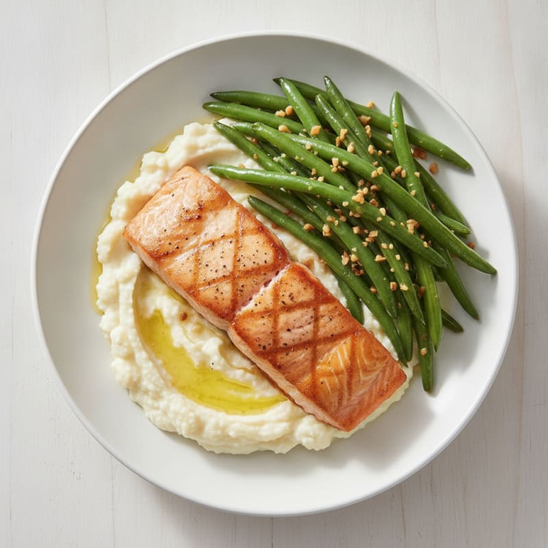 Seared Salmon with Garlic Green Beans and Mashed Cauliflower