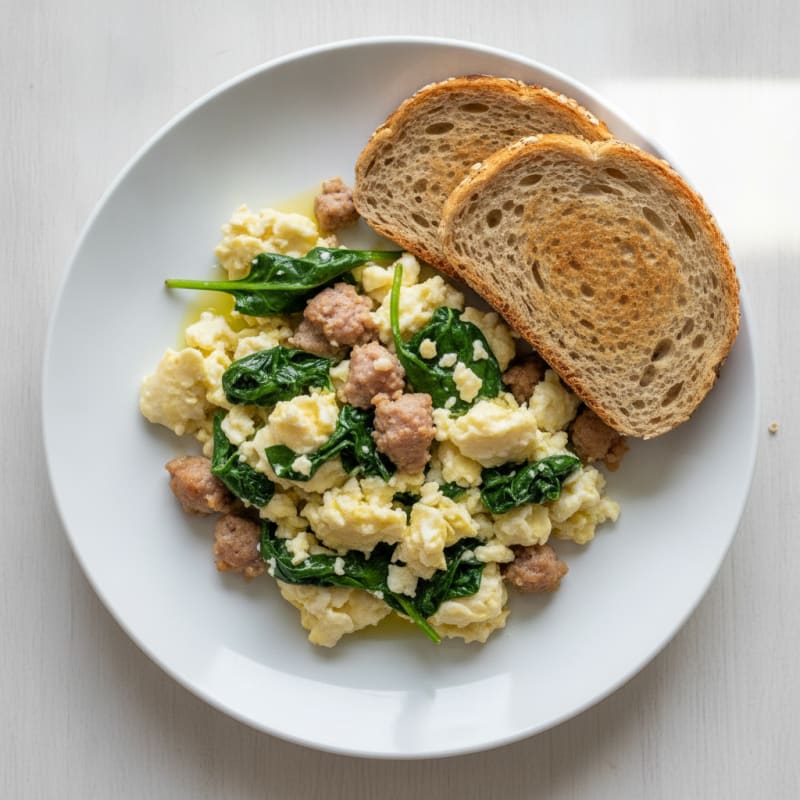 Scrambled Egg Whites with Turkey Sausage and Sautéed Spinach