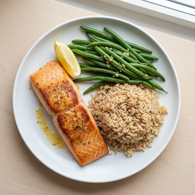 Seared Salmon with Garlic Green Beans and Brown Rice