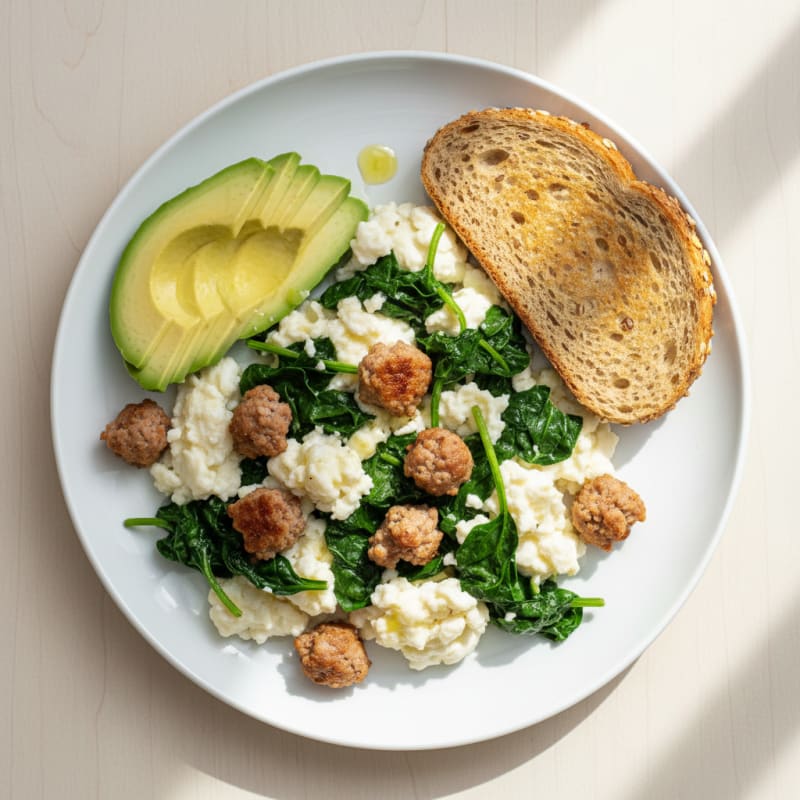 Egg White Scramble with Turkey Sausage and Sautéed Spinach
