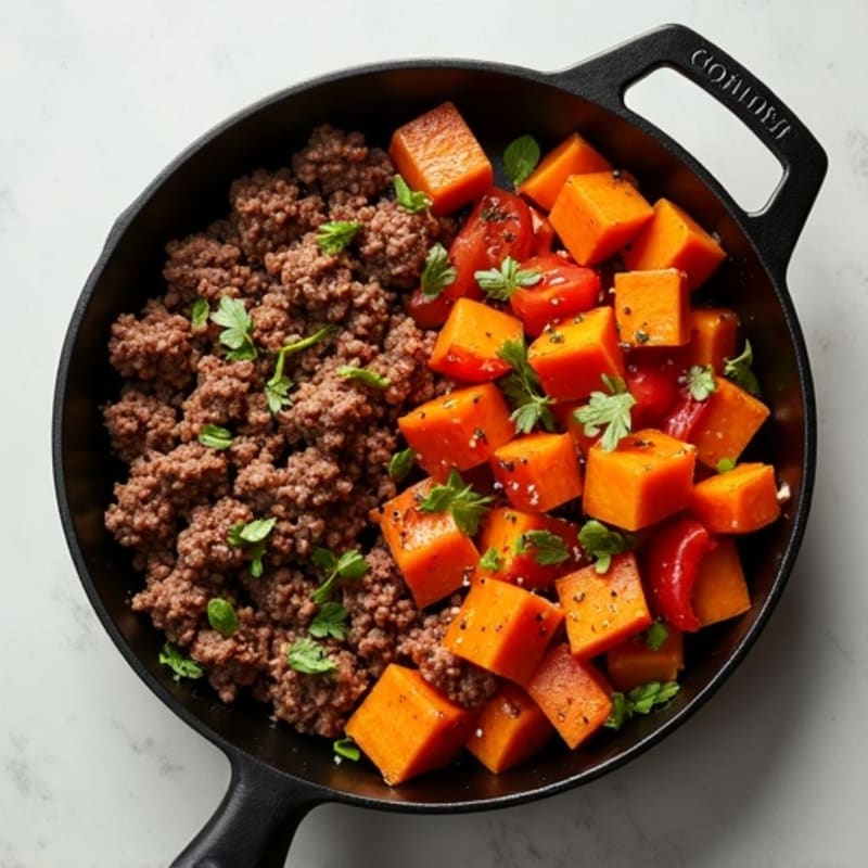 Lean Ground Beef and Roasted Sweet Potato Skillet