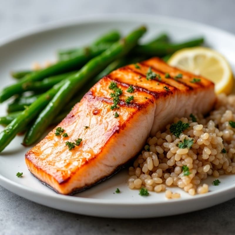Seared Salmon with Garlic Green Beans and Brown Rice