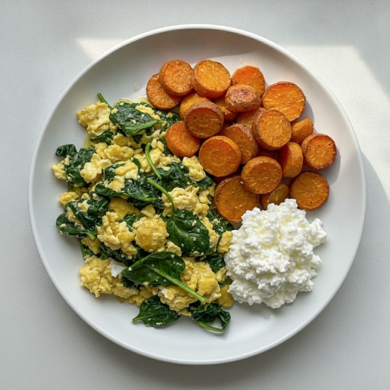 Egg and Spinach Scramble with Roasted Sweet Potato and Cottage Cheese