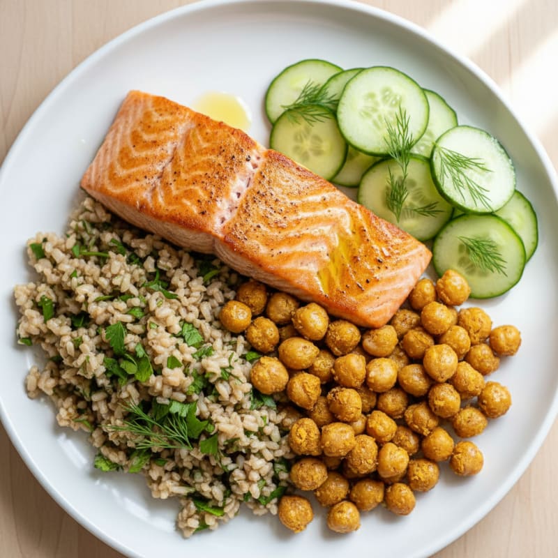 Seared Salmon with Herbed Rice and Roasted Chickpeas