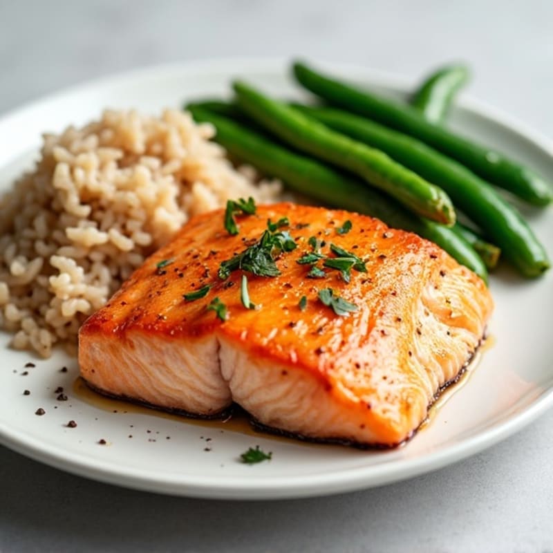 Seared Salmon Fillet with Steamed Green Beans and Brown Rice