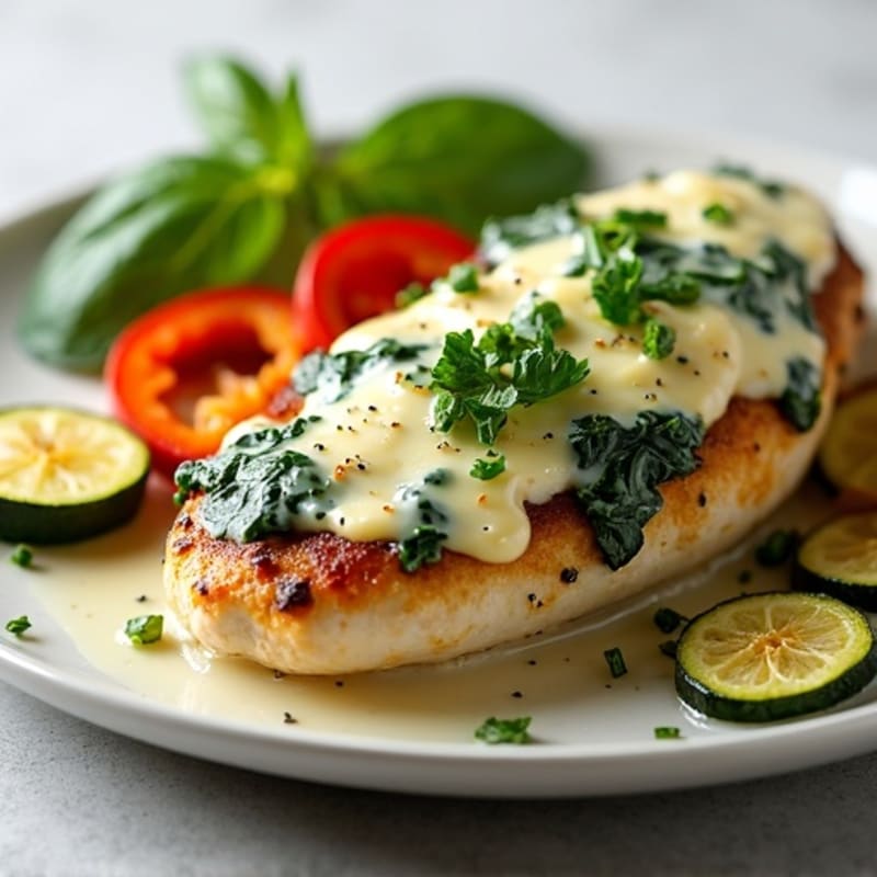 Baked Creamy Spinach Artichoke Chicken with Roasted Vegetables