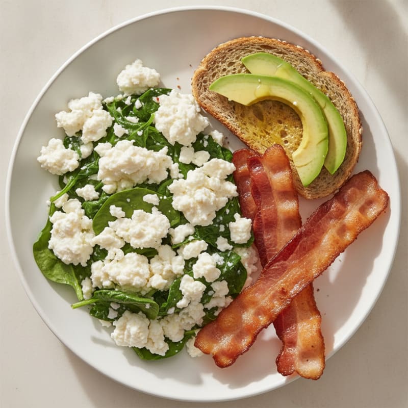 Egg White Spinach Scramble with Cottage Cheese and Turkey Bacon