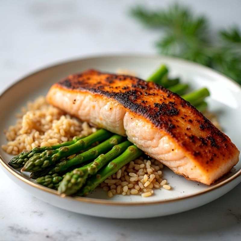 Seared Salmon with Steamed Asparagus and Brown Rice