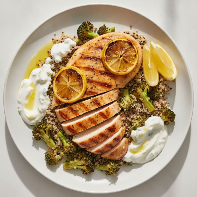 Grilled Chicken Breast with Quinoa, Roasted Broccoli, and Greek Yogurt Sauce
