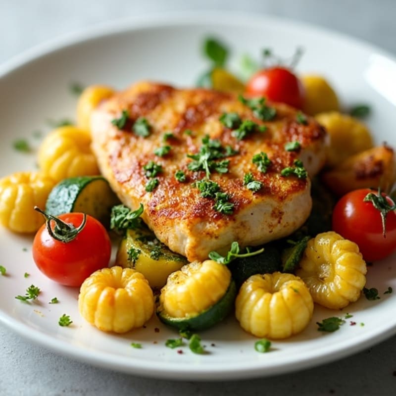 Crispy Gnocchi with Chicken, Fresh Pesto, and Roasted Vegetables