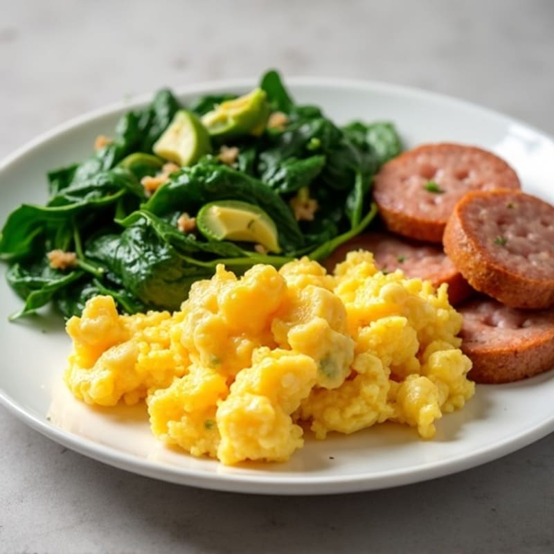 Scrambled Egg Whites with Turkey Sausage and Sautéed Spinach