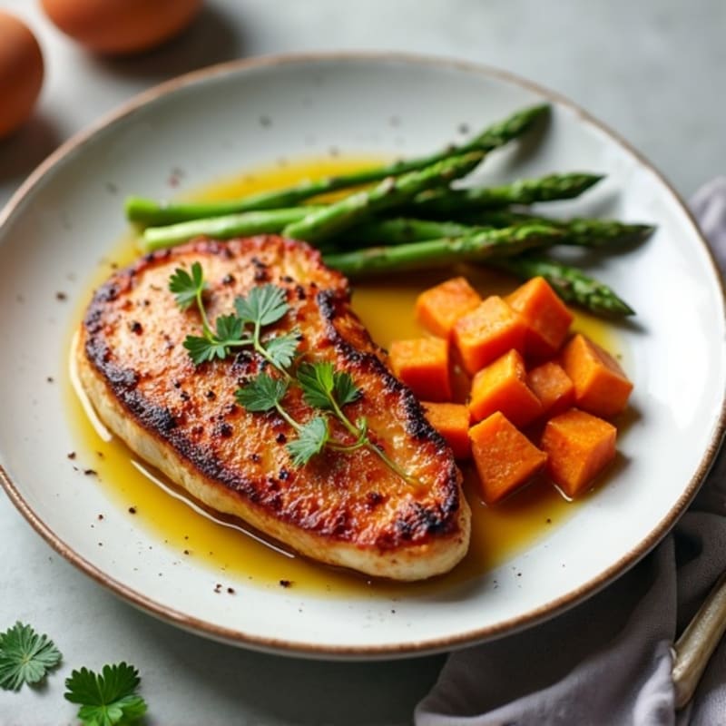 Crispy Pan-Seared Chicken Breast with Roasted Sweet Potatoes and Tender Asparagus