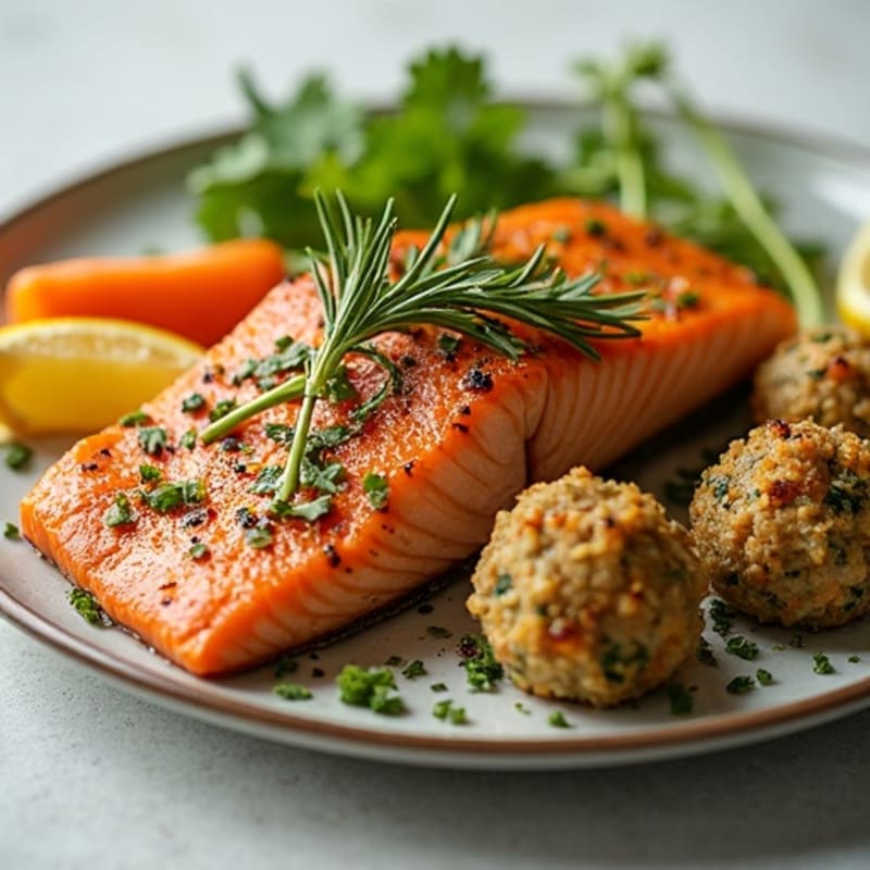 Herb-Crusted Salmon with Turkey Vegetable Meatballs