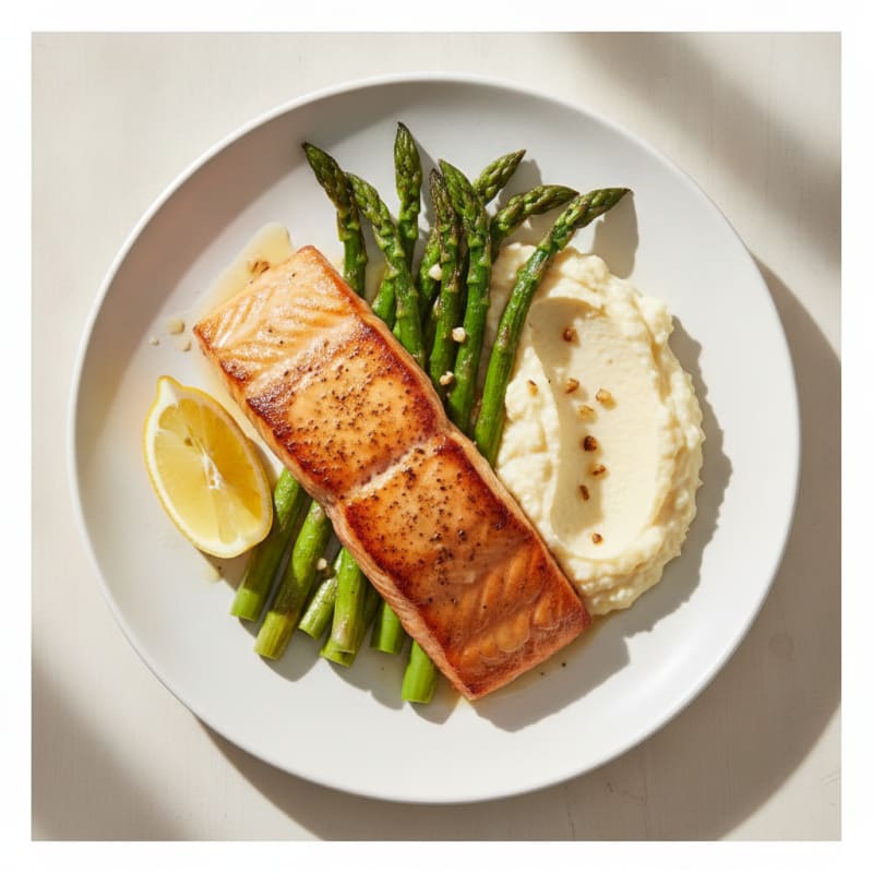 Seared Salmon with Roasted Asparagus and Cauliflower Mash