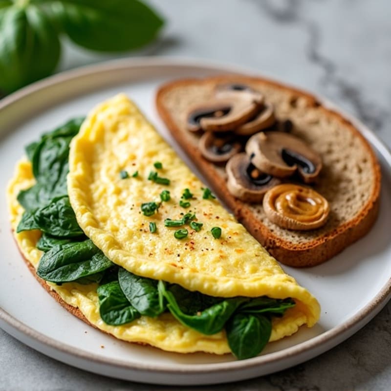 Egg White Spinach Omelet with Cottage Cheese, Sautéed Mushrooms, and Toast with Almond Butter