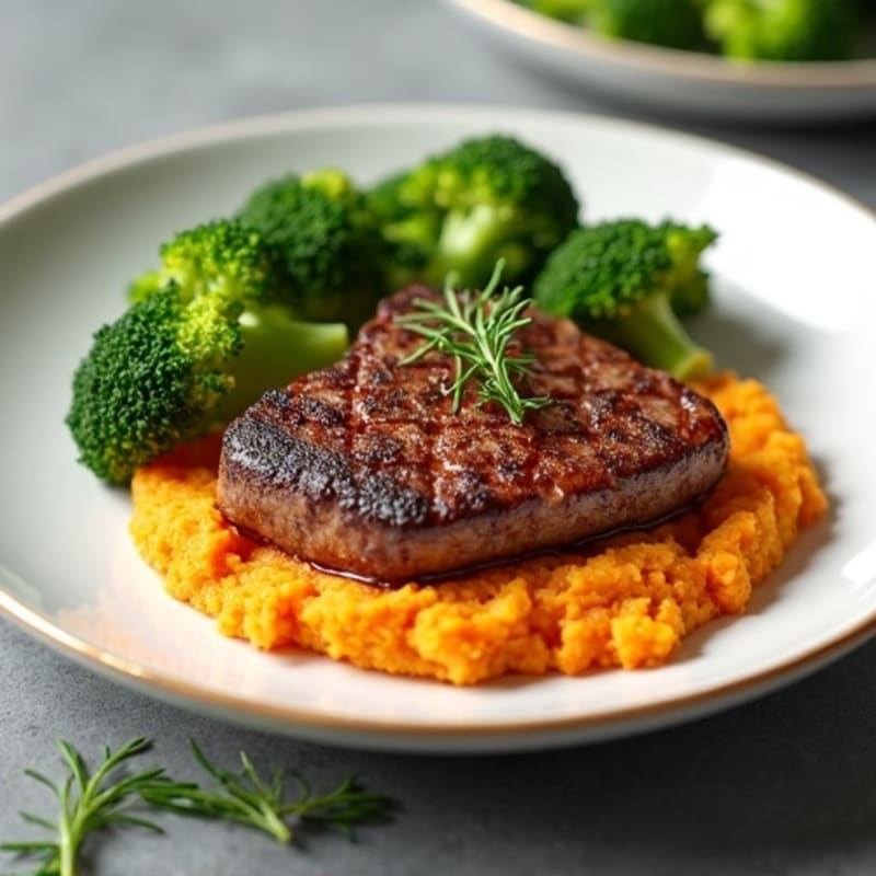 Seared Lean Beef with Roasted Broccoli and Sweet Potato Mash