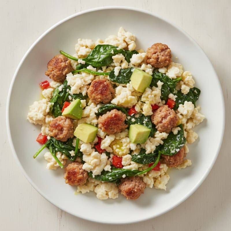 Egg White Scramble with Turkey Sausage and Sautéed Spinach