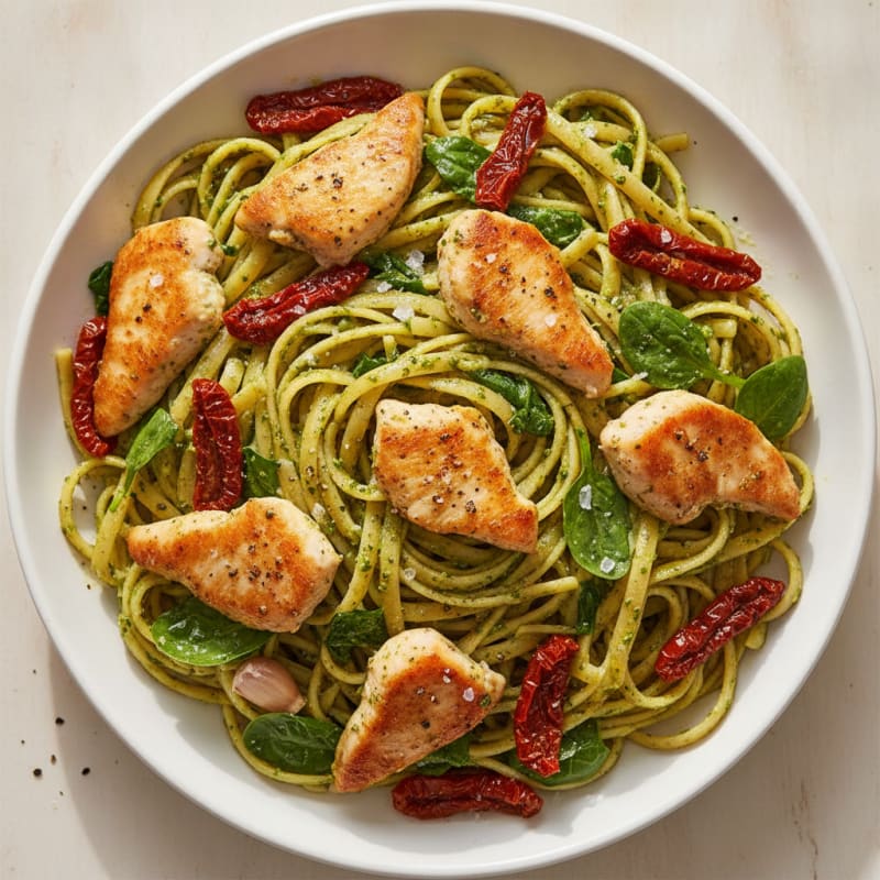 Pesto Chicken Linguine with Sun-Dried Tomatoes