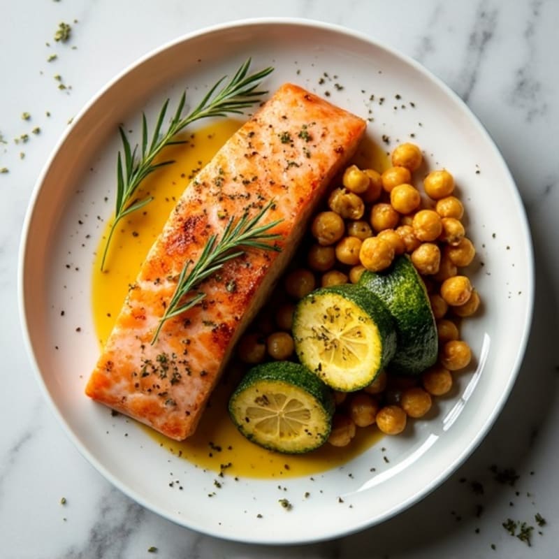 Seared Salmon with Roasted Zucchini and Chickpeas