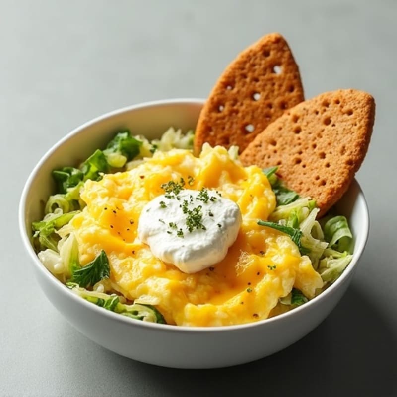 High-Protein Egg and Cabbage Bowl with Creamy Cottage Cheese and Crispy Rusks