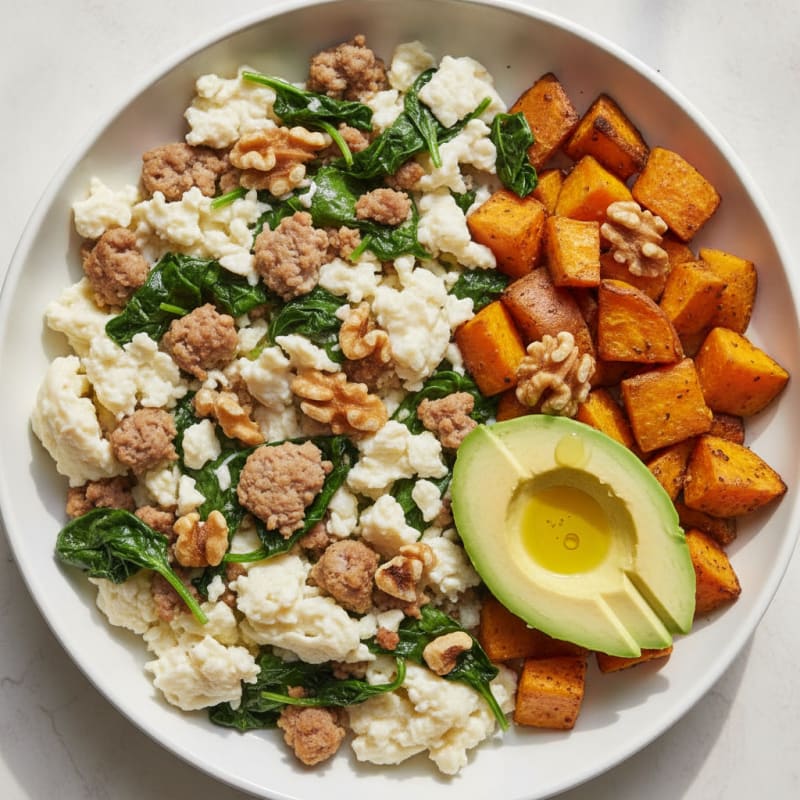 Egg White Scramble with Turkey Sausage and Sautéed Spinach