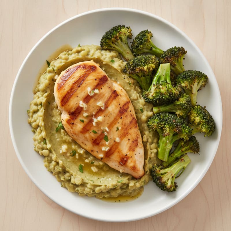 Seared Chicken Breast with Roasted Broccoli and Lentil Mash