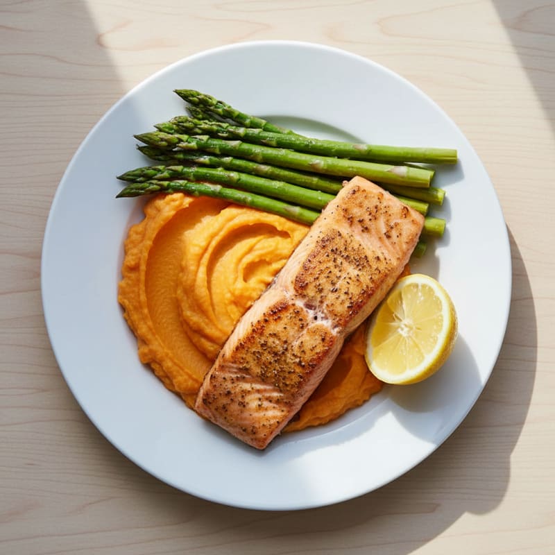 Seared Salmon Fillet with Steamed Asparagus and Sweet Potato Mash