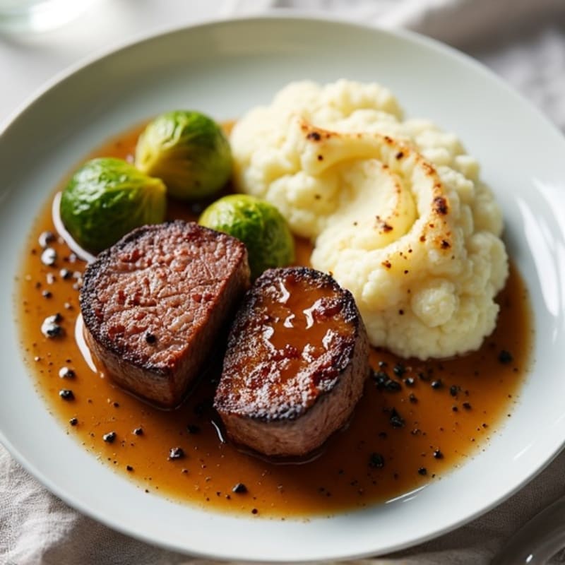 Pan-Seared Filet Mignon with Crispy Brussels Sprouts and Creamy Cauliflower Mash