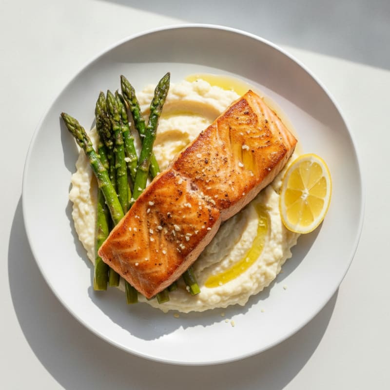 Seared Salmon with Roasted Asparagus and Cauliflower Mash