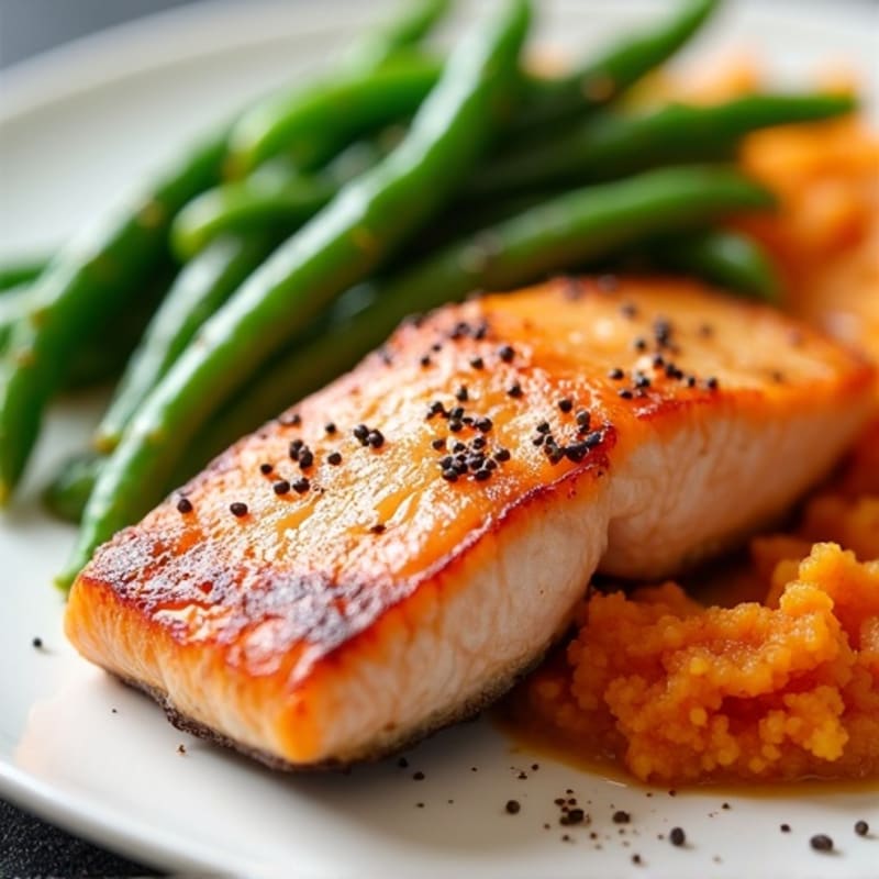 Seared Salmon with Steamed Green Beans and Sweet Potato Mash