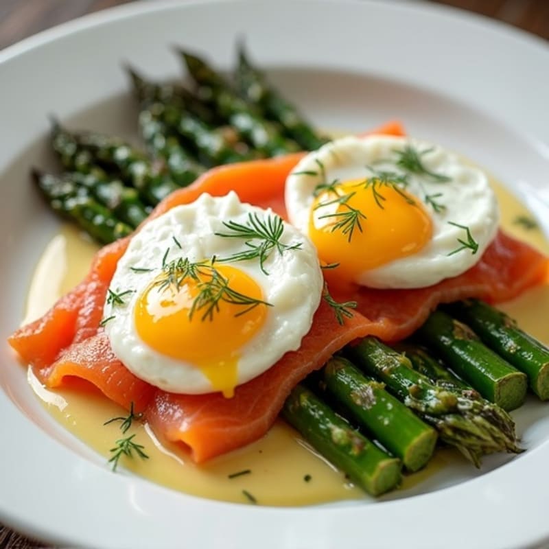 Poached Eggs with Roasted Asparagus, Smoked Salmon, and Creamy Lemon-Dill Sauce