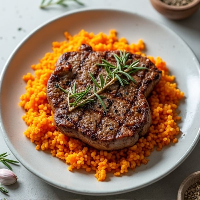 Herb-Crusted Steak with Garlic Sweet Potato Rice Bowl