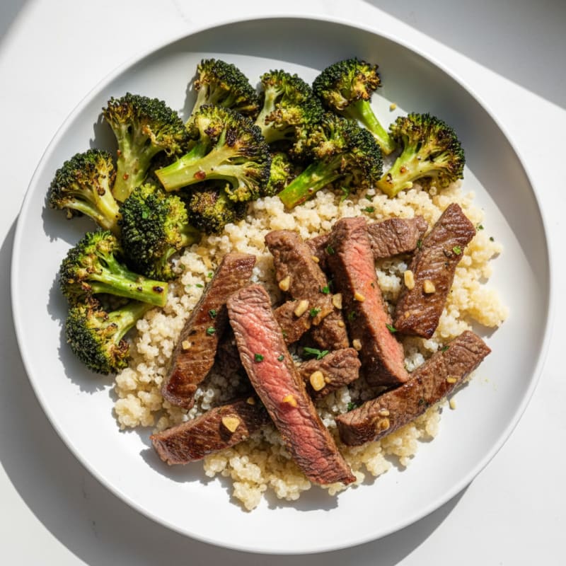 Seared Lean Beef Strips with Roasted Broccoli and Quinoa