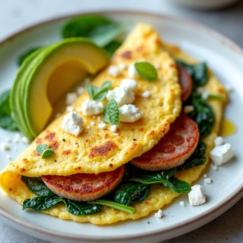 Egg White Spinach Omelette with Seared Turkey Sausage