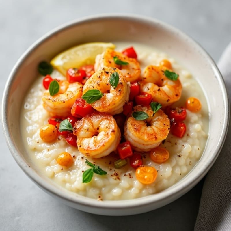 Creamy Cauliflower Grits with Spicy Garlic Shrimp