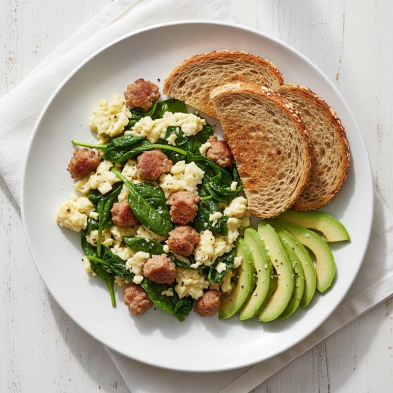 Egg White and Turkey Sausage Scramble with Sautéed Spinach