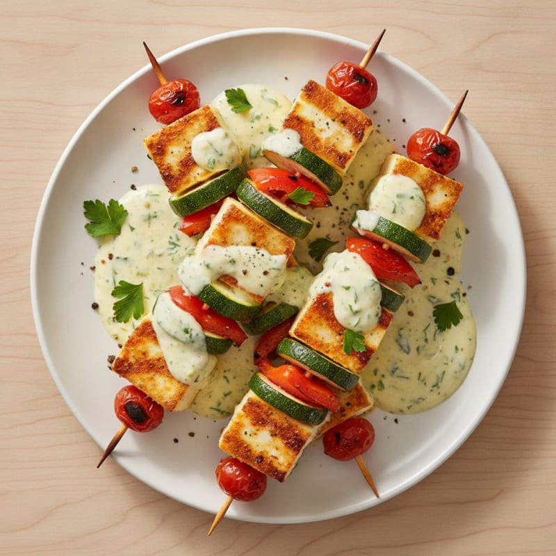 Halloumi and Vegetable Skewers with Lemon-Herb Dressing