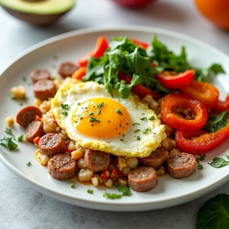 Egg White Veggie Scramble with Turkey Sausage and Roasted Sweet Potatoes